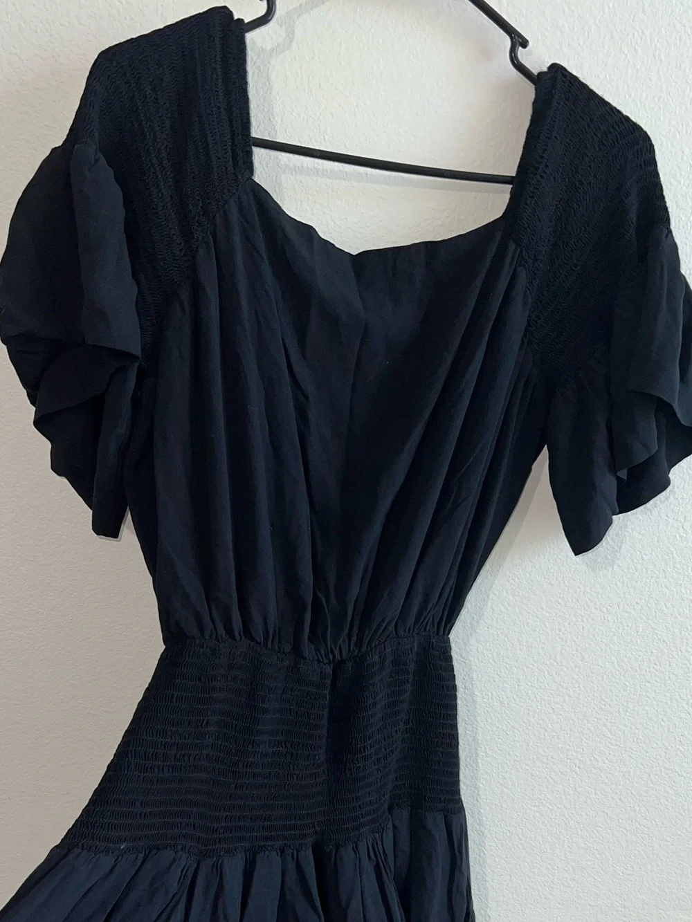 Free People Navy Blue Smocked-Waist Puff Sleeve Mini Dress